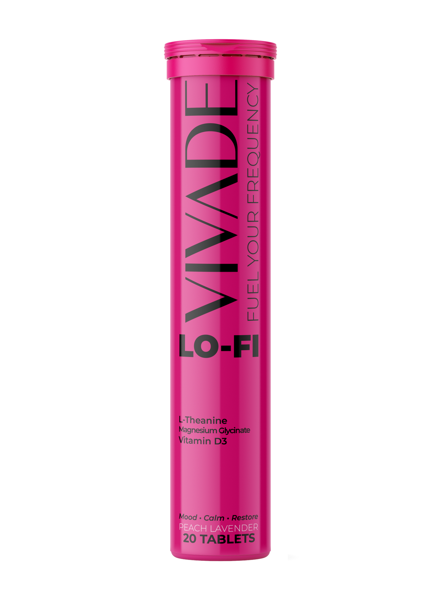 Vivade LO-FI effervescent tube in lavender peach flavor designed for stress relief and relaxation